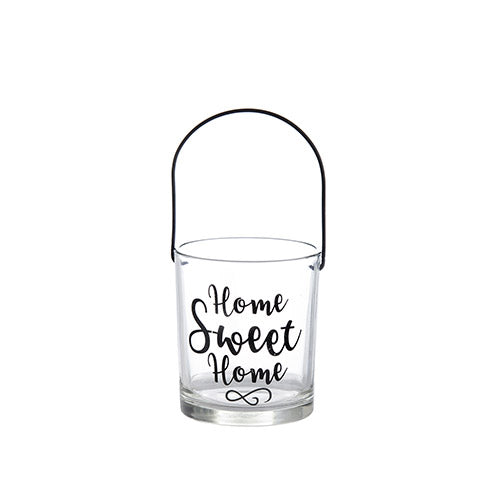 Home Sweet Home Glass Candle Holder with Handle: 3.5 x 4 inches