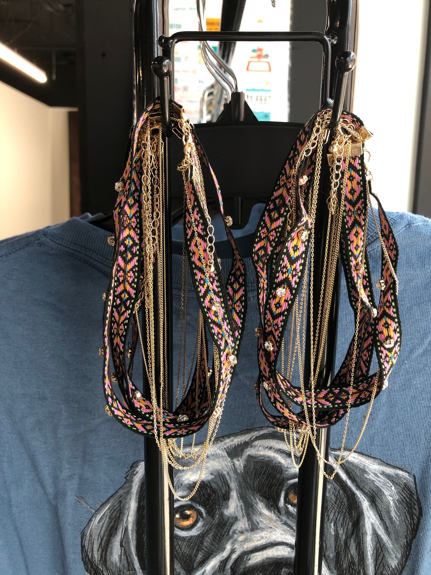Embroidered Choker & Gold Chains Necklace