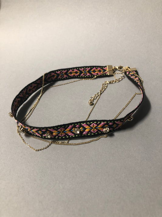 Embroidered Choker & Gold Chains Necklace
