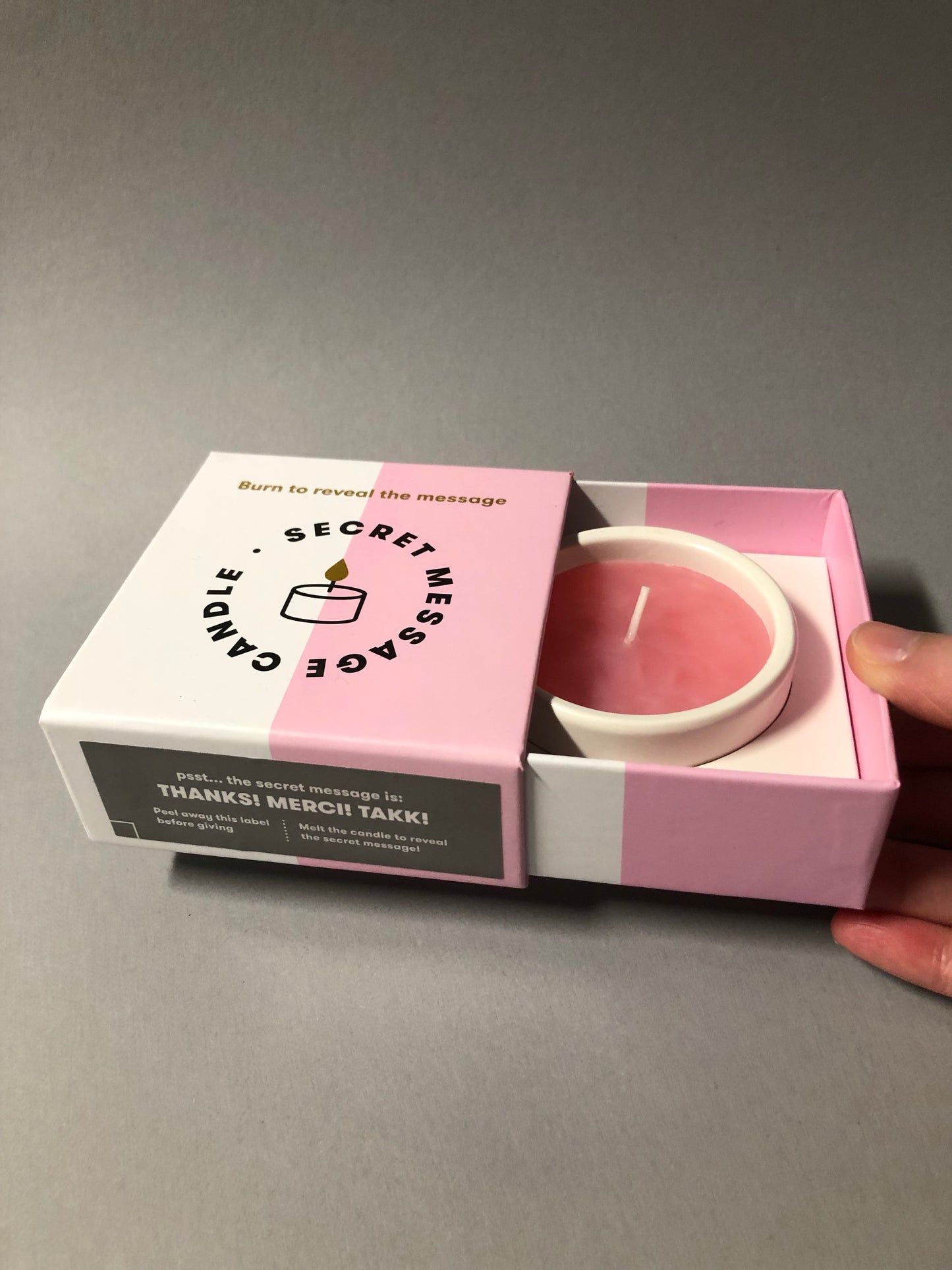 'Thanks! Merci! Takk!' Secret Message Candle